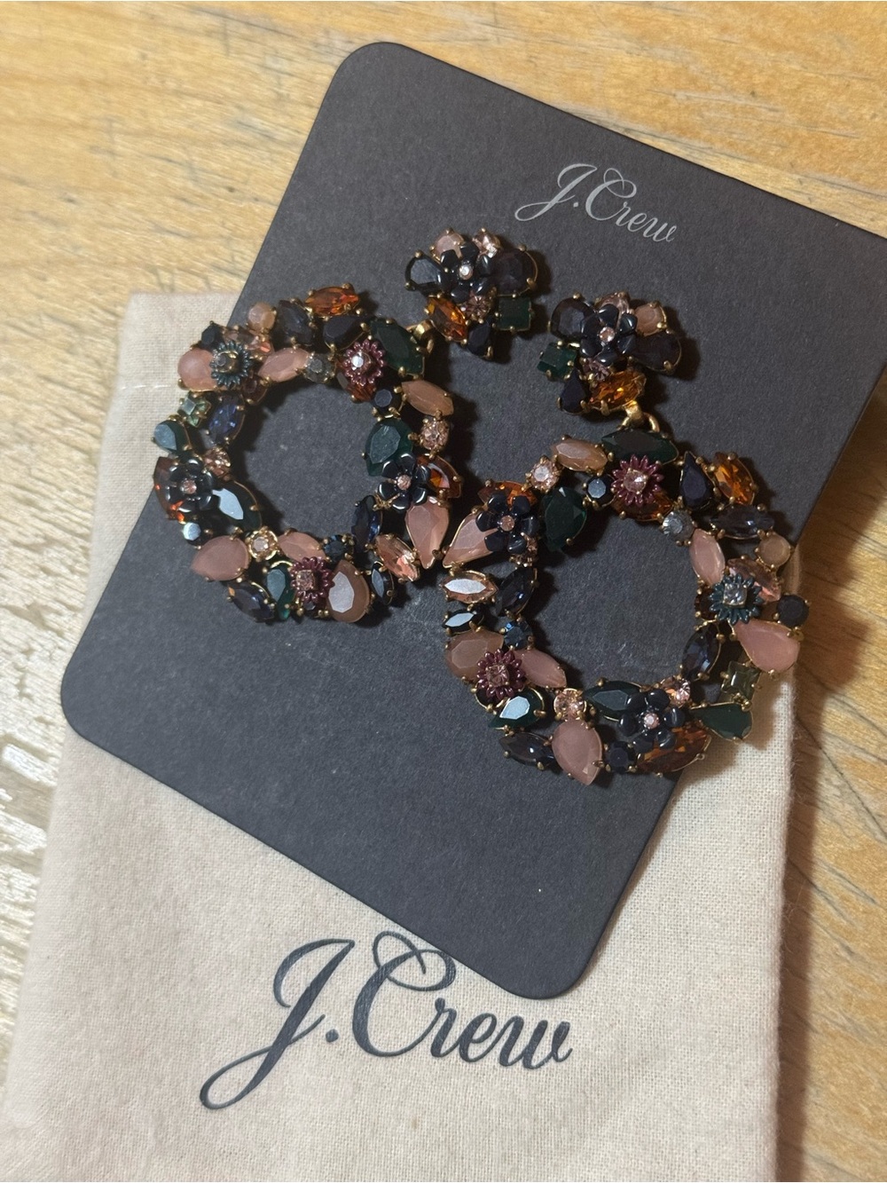 NWT J.Crew Archival Colorful Crystal Floral Hoop Earrings BL9371 with Pouch